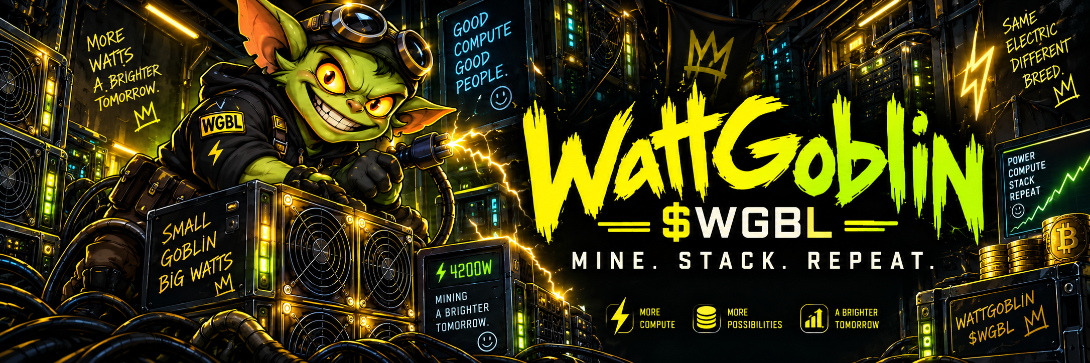 WattGoblin inside a neon mining-rig server room